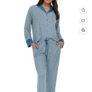 Blue tile pattern Pajama Set, Satin Accents, size XL Flora Nikrooz